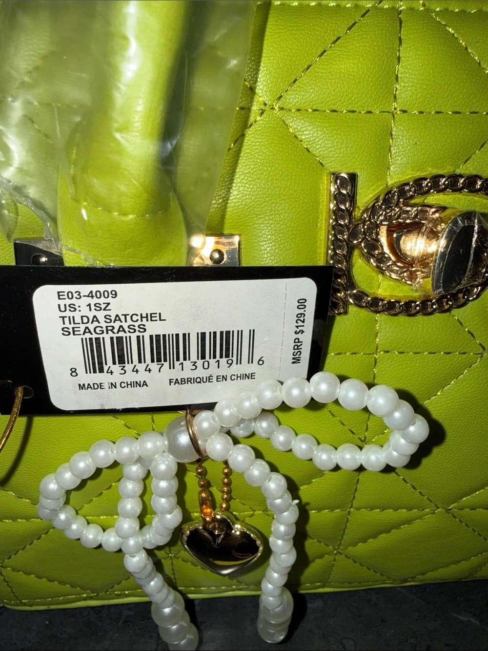 bebe Quilted Lime Green Satchel with Gold Hardware and Pearl Charm
